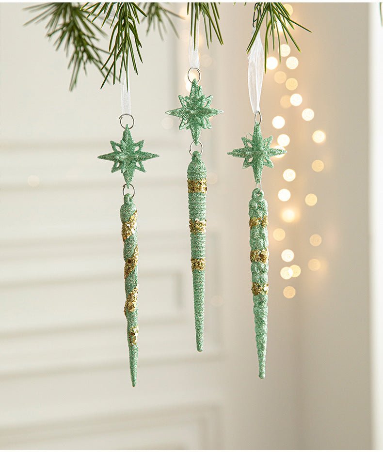 Green Glitter Icicle Christmas Ornaments with Star Tops - Set of 3 Hanging Decorations（5 set in total） - danozdirect