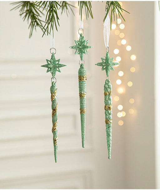 Green Glitter Icicle Christmas Ornaments with Star Tops - Set of 3 Hanging Decorations（5 set in total） - danozdirect