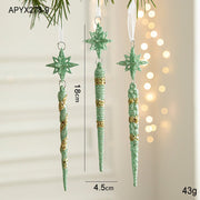 Green Glitter Icicle Christmas Ornaments with Star Tops - Set of 3 Hanging Decorations（5 set in total） - danozdirect