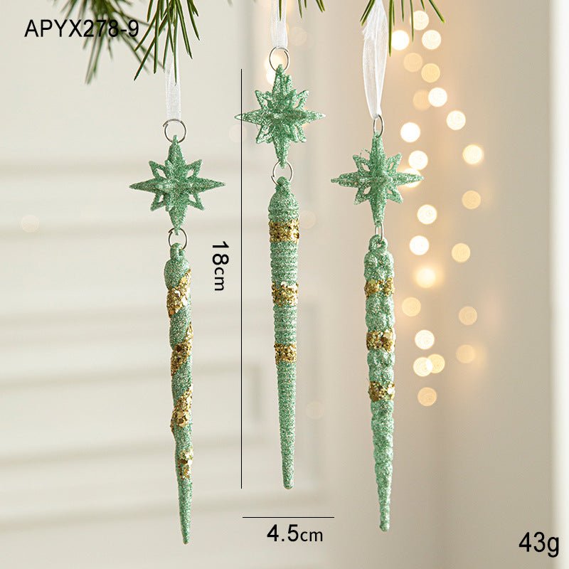 Green Glitter Icicle Christmas Ornaments with Star Tops - Set of 3 Hanging Decorations（5 set in total） - danozdirect