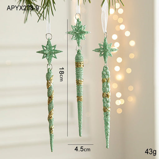 Green Glitter Icicle Christmas Ornaments with Star Tops - Set of 3 Hanging Decorations（5 set in total） - danozdirect