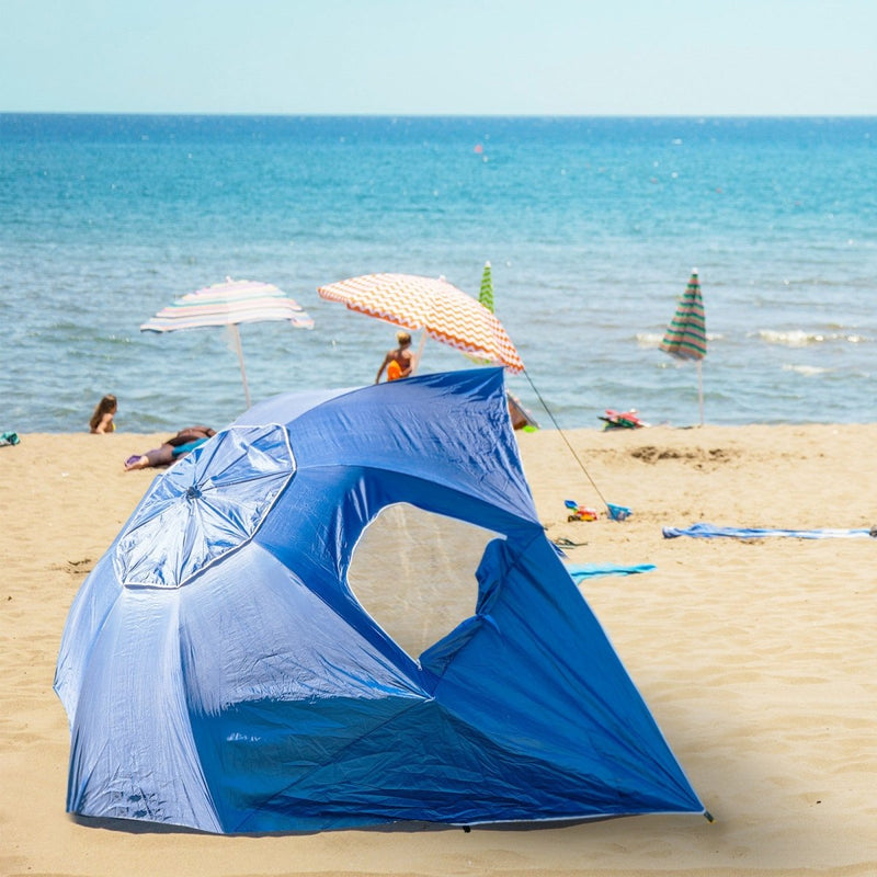 Havana Outdoors Beach Umbrella 2.4M Outdoor Garden Beach Portable Shade Shelter - Blue - danozdirect