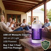 USB zapper lifestyle hero with promotional badges at bottom