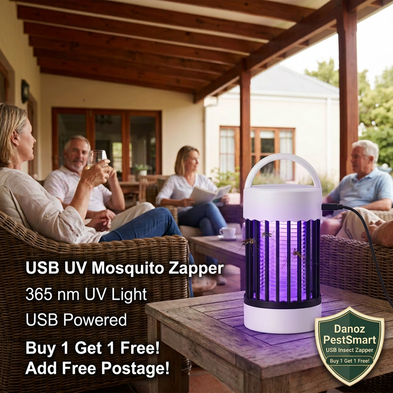 USB zapper lifestyle hero with promotional badges at bottom