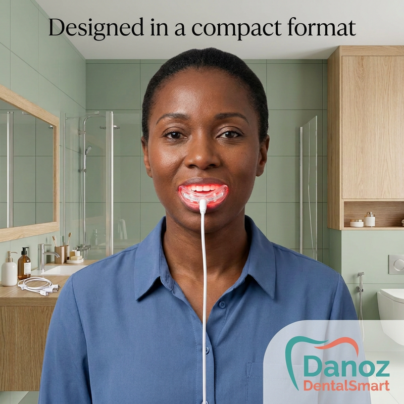 Woman using the compact DentalSmart clear wired red LED mouthpiece