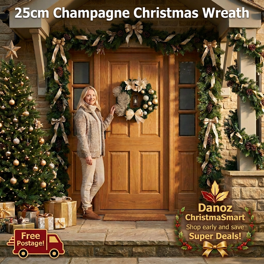 Woman arranging a champagne Christmas wreath in a vivid festive doorway