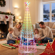 Family wrapping gifts beside cone-shaped RGB Christmas tree