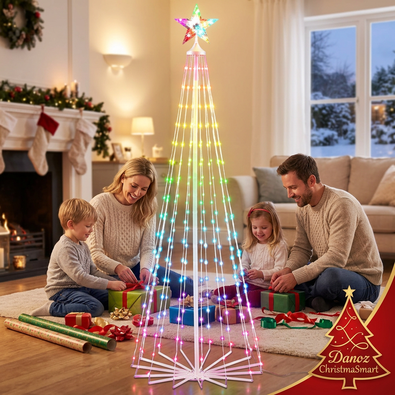 Family wrapping gifts beside cone-shaped RGB Christmas tree