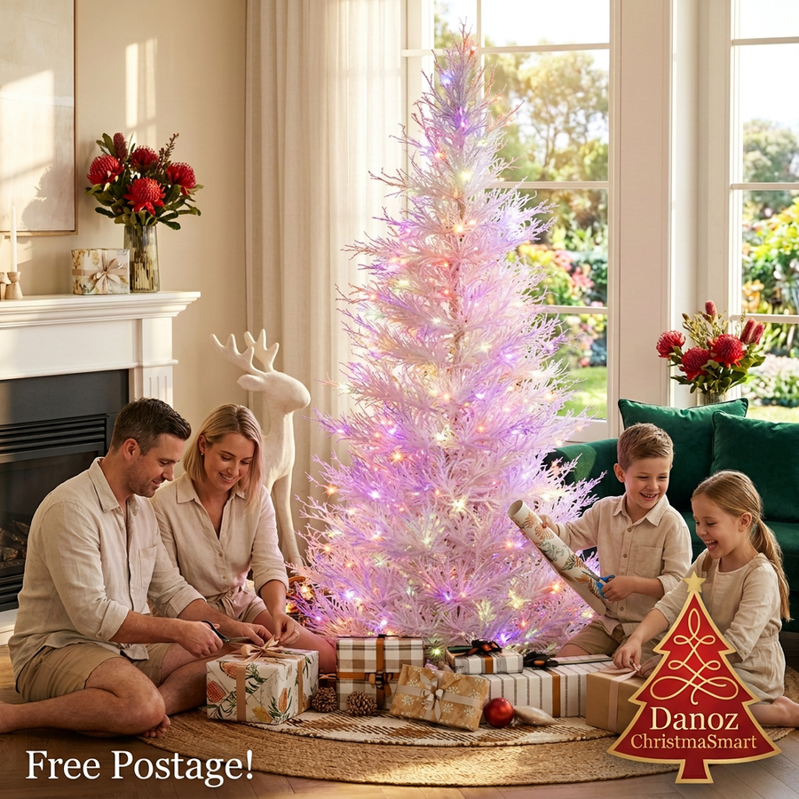 White LED Christmas tree with parents and children wrapping gifts, Free Postage