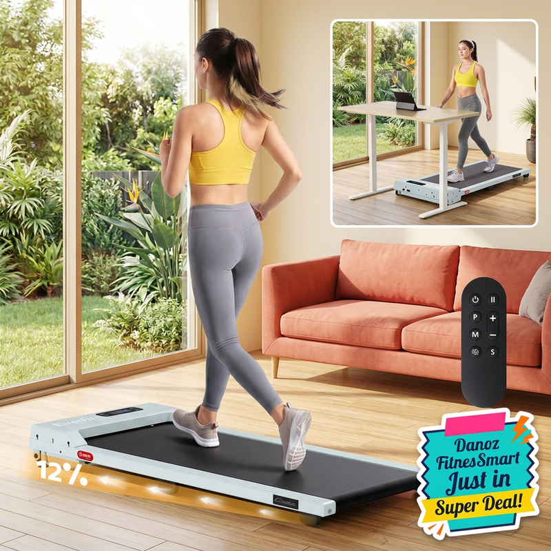 Woman retained in main walking and standing-desk inset views of green Everfit pad with vivid living-room background and colourful bottom-right FitnesSmart badge
