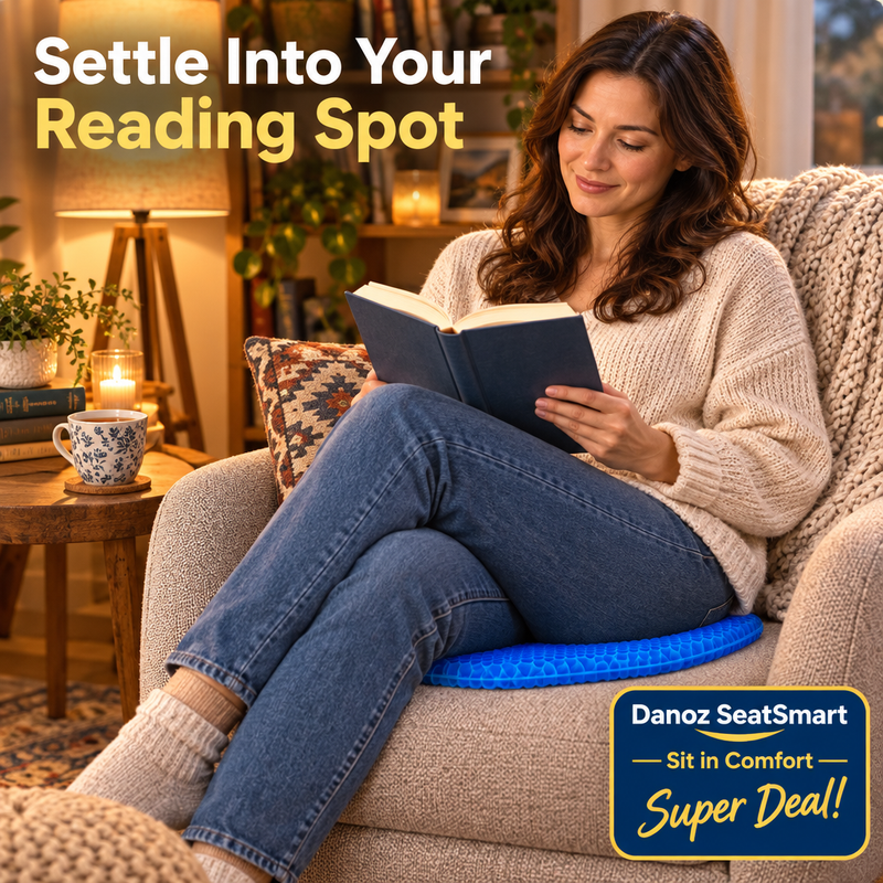 Woman using SeatSmart cushion in a reading chair