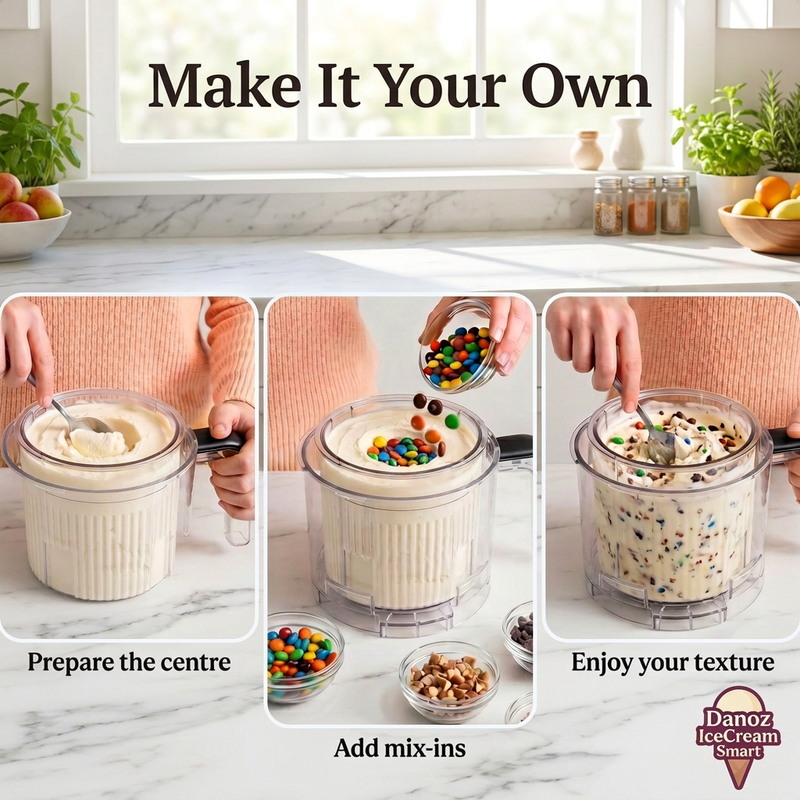 Preparing and adding mix-ins to a removed IceCream Smart dessert tub