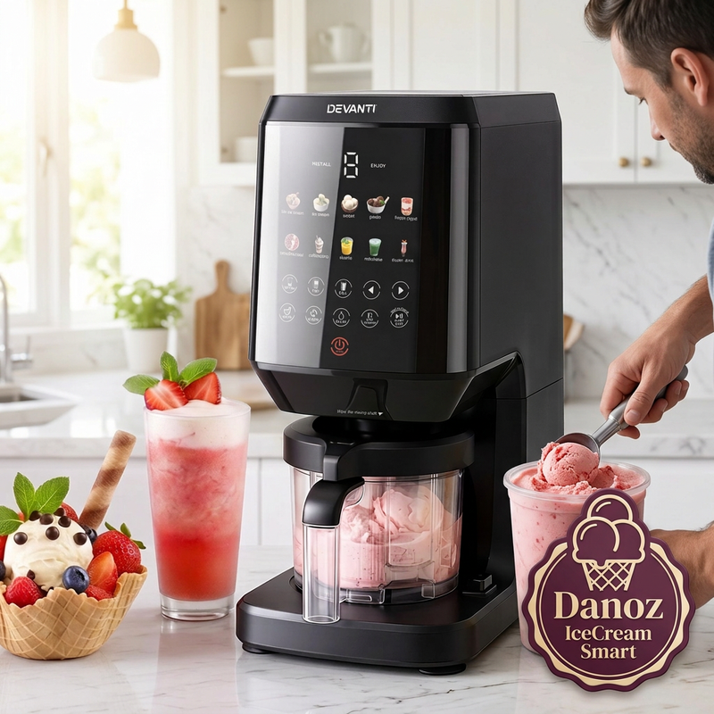 Man scooping strawberry dessert beside the Devanti IceCream Smart machine