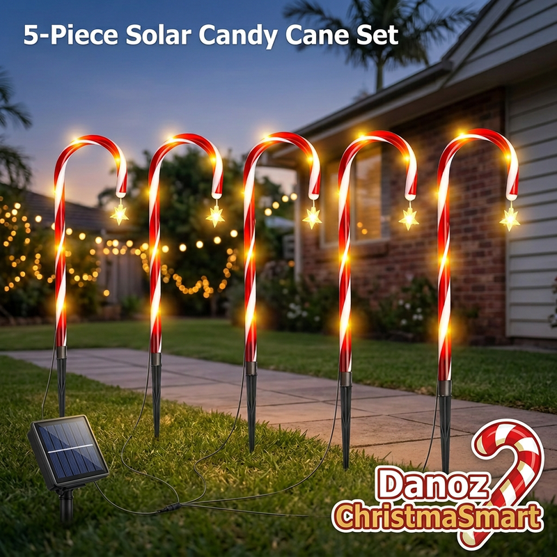 🎄 Danoz ChristmaSmart | Solar Candy Cane Garden Lights | Hanging Stars & 8 Modes | 5 or 8 Piece Set | Free Postage!
