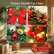 Four detail views of red bow, pinecones, baubles, bells and LED lights