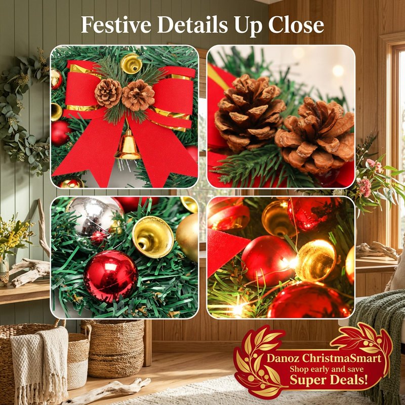Four detail views of red bow, pinecones, baubles, bells and LED lights