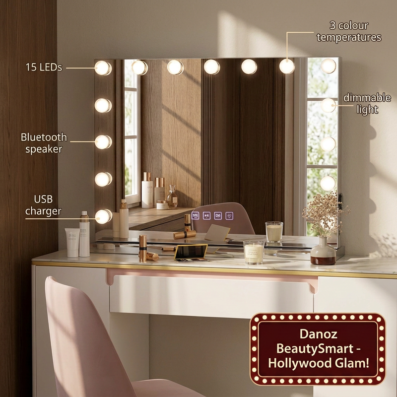 Hollywood mirror features including Bluetooth and dimmable lighting