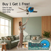 Woman standing on the floor with DusterMaster reaching the ceiling fan, Buy 1 Get 1 Free