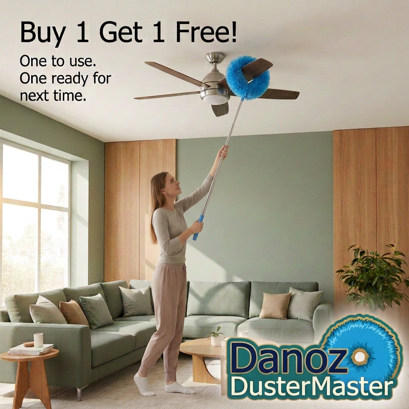 Woman standing on the floor with DusterMaster reaching the ceiling fan, Buy 1 Get 1 Free