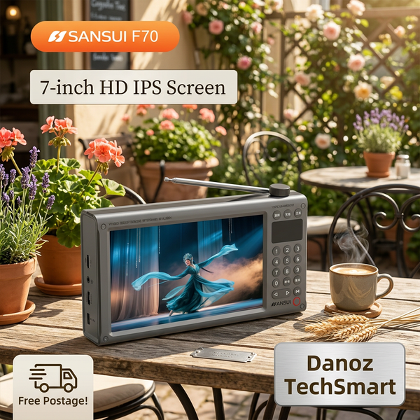 Sansui F70 on sunny garden café table with Danoz TechSmart and Free Postage badges