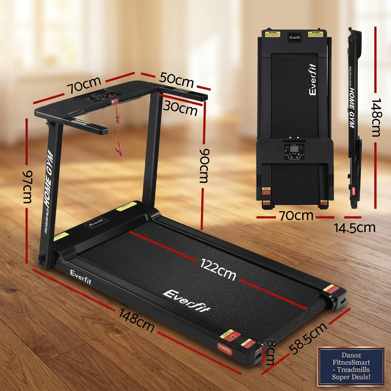 Black Everfit treadmill unfolded and folded dimension diagram