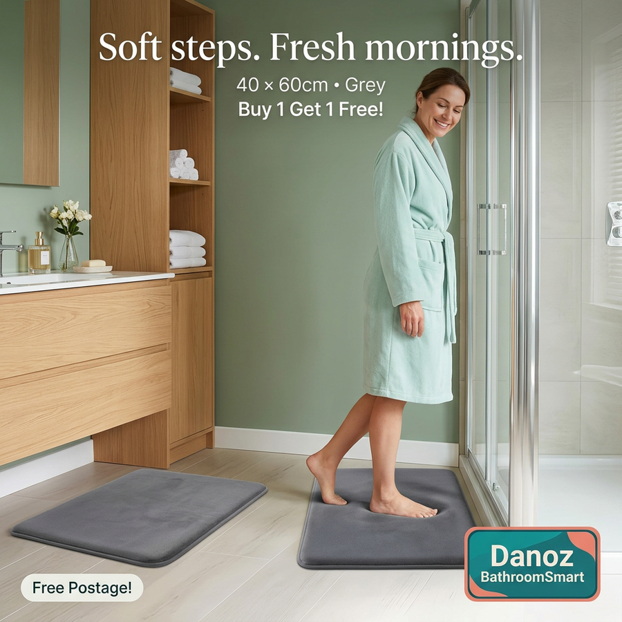 Woman stepping onto a grey BathroomSmart bath mat after showering, Buy 1 Get 1 Free and Free Postage