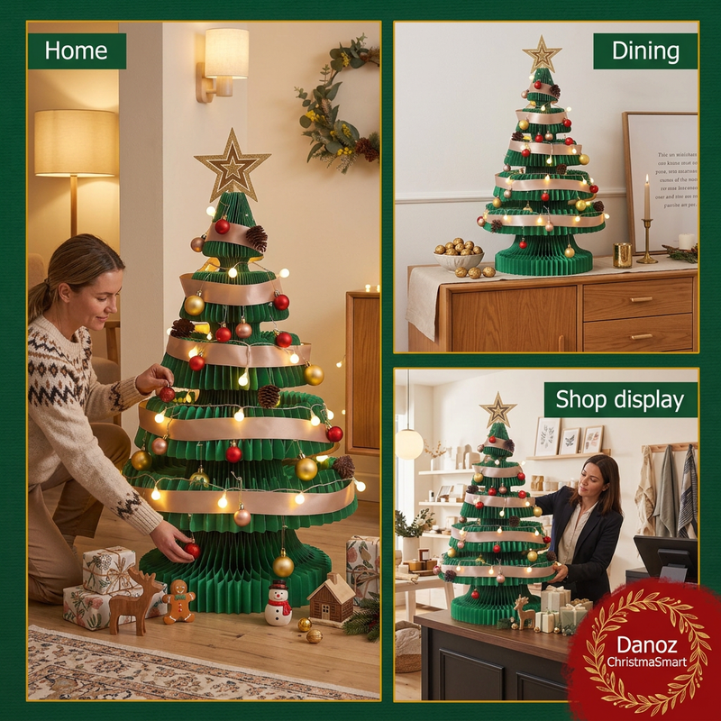 Christmas tree styled in home, dining room and shop displays