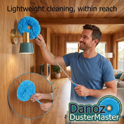 Man using DusterMaster on a wall light, with timber-background detail inset