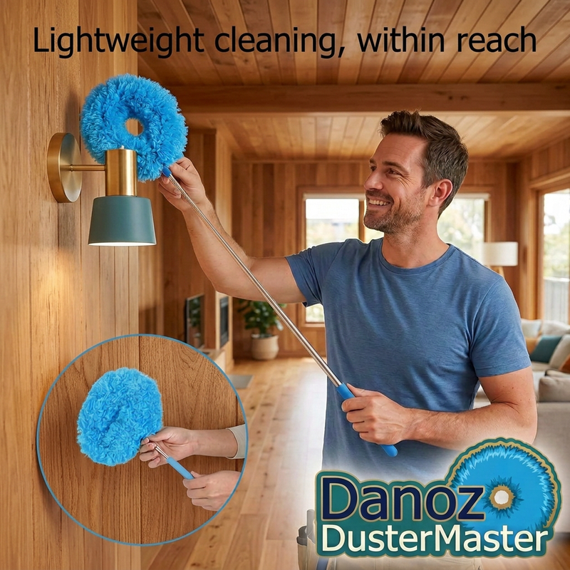 Man using DusterMaster on a wall light, with timber-background detail inset