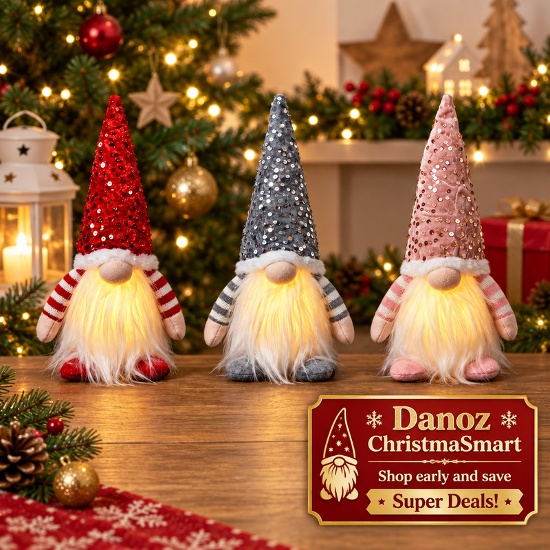 Red grey and pink illuminated Christmas gnomes