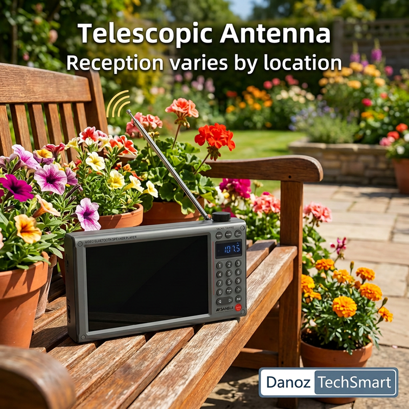 Sansui telescopic antenna on sunny garden bench