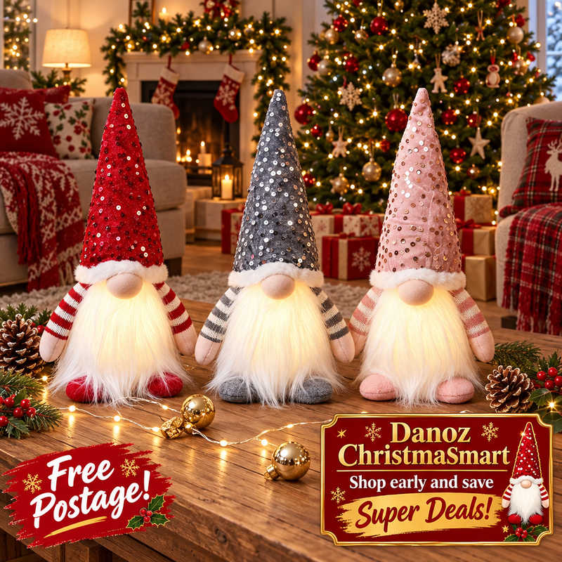 Three light-up Christmas gnomes with Free Postage bottom left