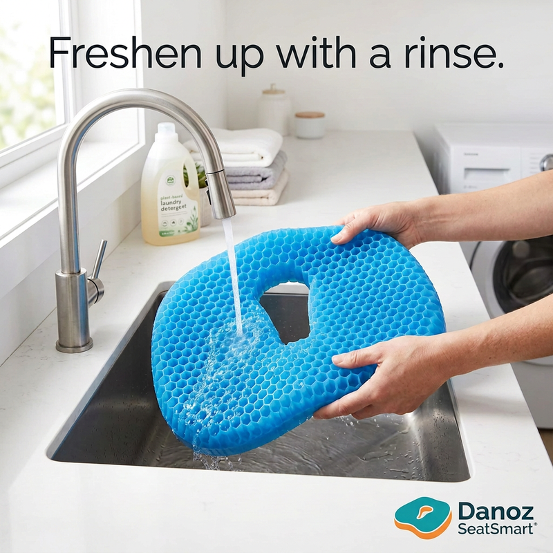 SeatSmart honeycomb cushion rinsed in a laundry sink