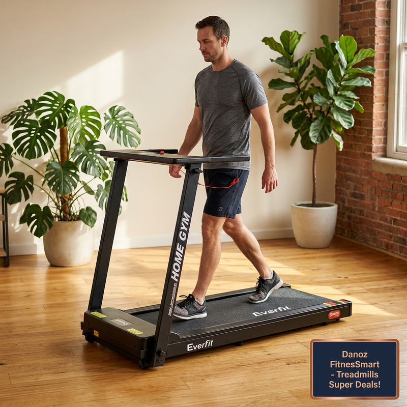 Man walking naturally toward waist-height console on black Everfit treadmill