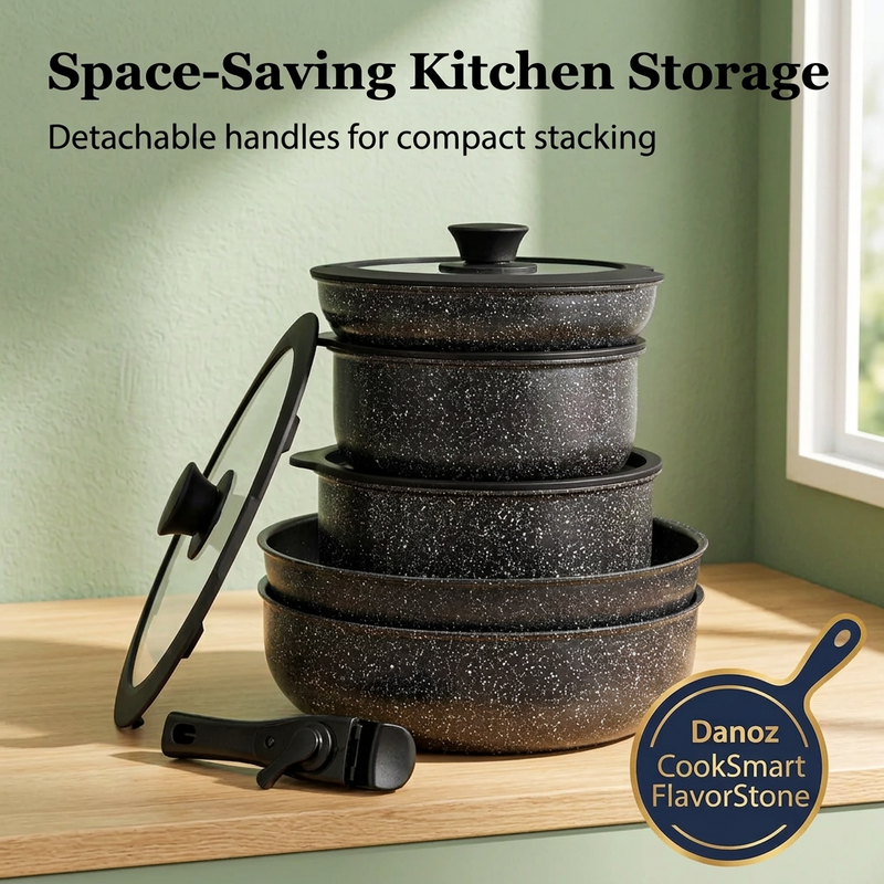 Stacked black speckled cookware with detachable handle and corrected storage wording