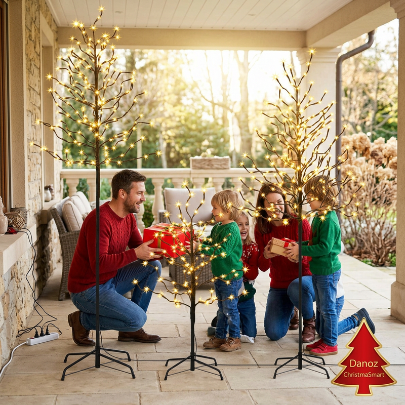 Family exchanging gifts on a covered patio beside the LED trees
