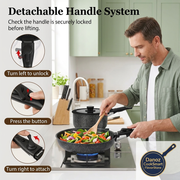 Detachable handle instructions with man cooking using the FlavorStone frying pan