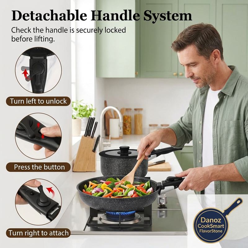 Detachable handle instructions with man cooking using the FlavorStone frying pan