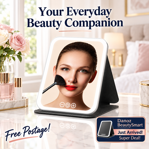 Danoz BeautySmart black LED makeup mirror on bedroom vanity with Free Postage