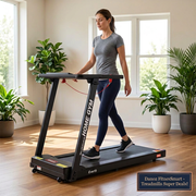 Woman walking on black Everfit treadmill with safety tether attached