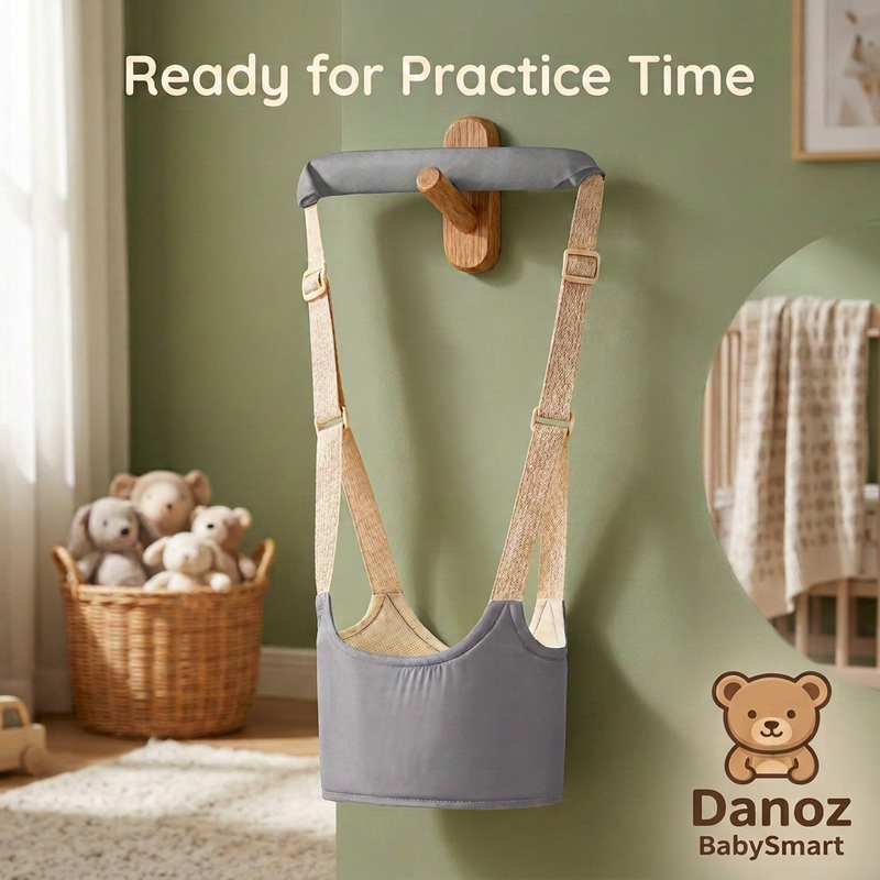Grey BabySmart harness with prominent Danoz bear branding