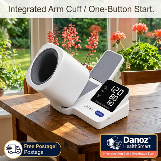 Komwell integrated-cuff monitor on sunny home table with Free Postage badge