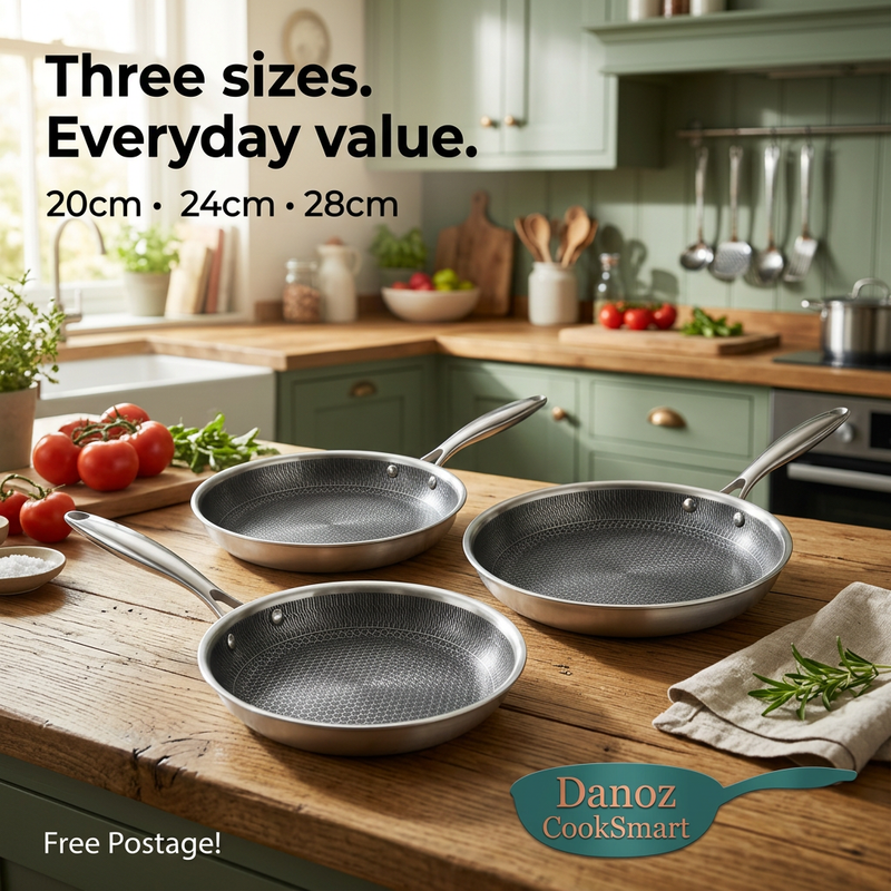 Danoz CookSmart 20cm 24cm and 28cm three-piece honeycomb pan set in a real kitchen, Free Postage