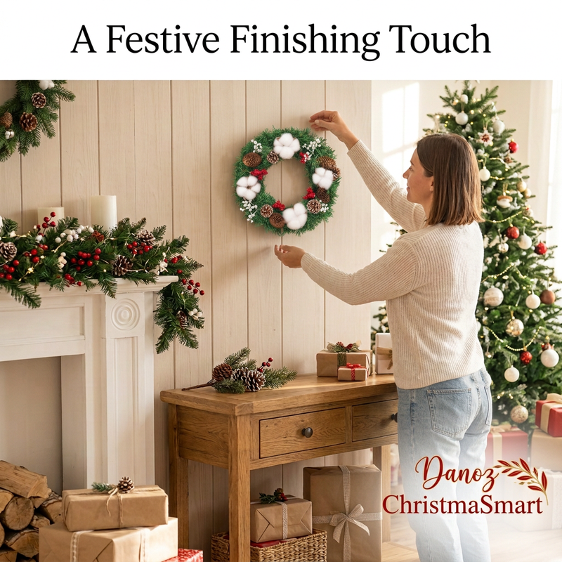 Woman styling a compact Christmas wreath above an oak console