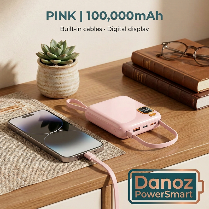 Pink 100,000mAh PowerSmart power bank with built-in cables