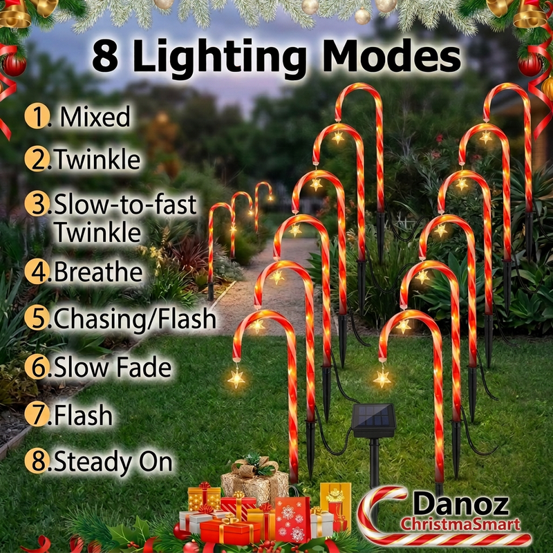 🎄 Danoz ChristmaSmart | Solar Candy Cane Garden Lights | Hanging Stars & 8 Modes | 5 or 8 Piece Set | Free Postage!