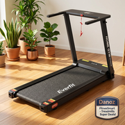 Full view of black Everfit treadmill in sunlit home gym