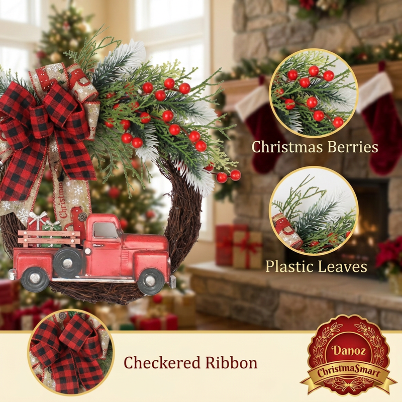 Christmas wreath details showing berries plastic leaves and checkered ribbon