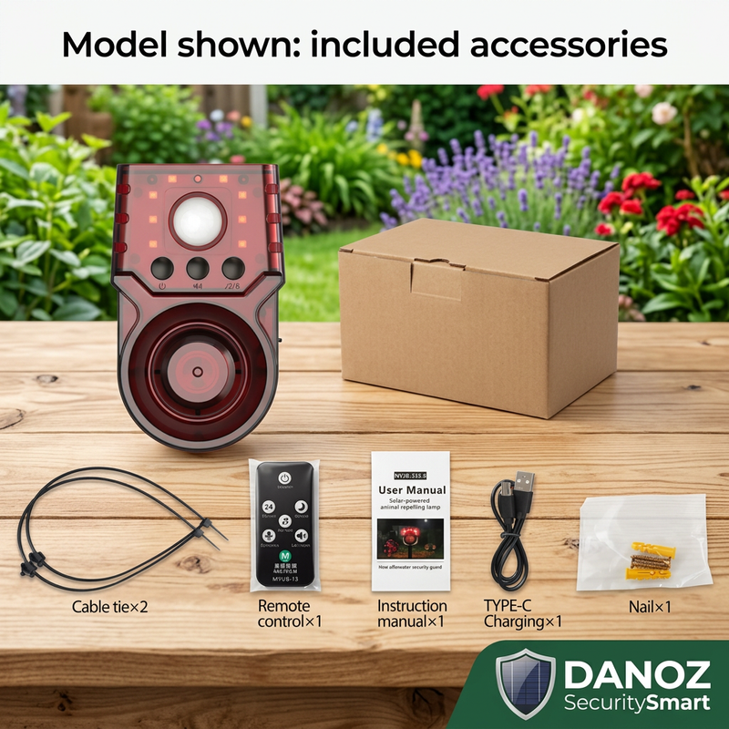 Tall red SecuritySmart model with remote and accessories