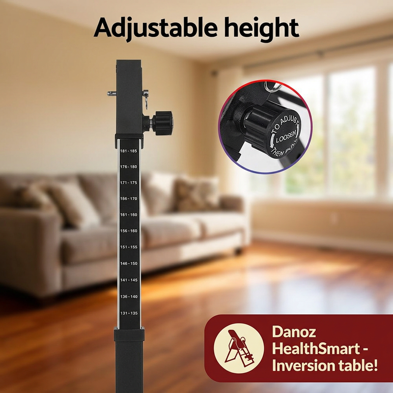 Height-adjustment detail against living-room background